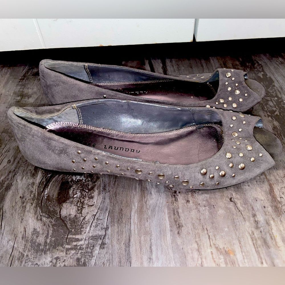 Gray suede and silver stud ballet flats with open toe